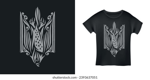 Coat of arms of Ukraine. Ukrainian national emblem trident tryzub crest stylized in form of falcon. Patriotic ukrainian t-shirt design. Hand drawn vector illustraion.