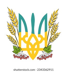 Coat of arms of Ukraine in yellow-blue color decorated with red viburnum and spikelets of wheat on a white background, vector illustration.