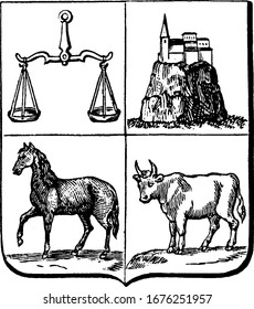 Coat Of Arms, Uruguay, With Four Elements, A Scales Of Justice, Argent In Base Barry Wavy Argent, A Horse Sable And An Ox, Vintage Line Drawing Or Engraving Illustration.