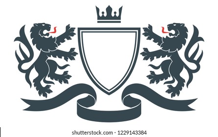 Coat of the arms. Vector illustration of black lions and shield. Vintage design heraldic symbols and elements