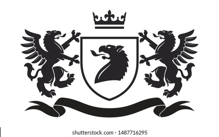 Coat of the arms. Vector illustration of black griffins and shield. Vintage design heraldic symbols and elements