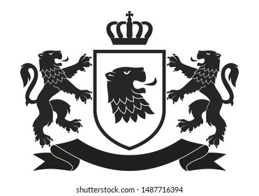 Coat of the arms. Vector illustration of black lions and shield. Vintage design heraldic symbols and elements