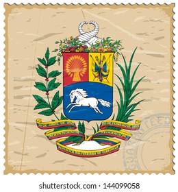 Coat of arms of  Venezuela on the old postage stamp