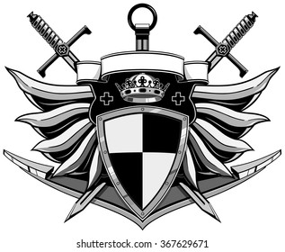 coat of arms with wings, anchor, swords, shield, crown and ribbon