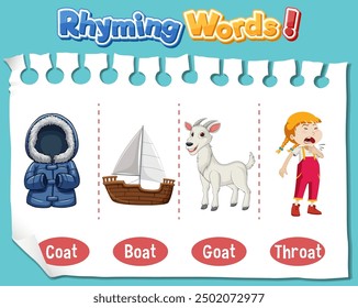 Coat, boat, goat, and throat rhyming words