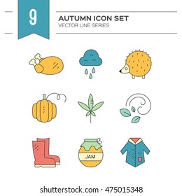 Coat, boots, jam, rain - different autumn symbols. Fall icons made in vector. Clean vector series.Unique and modern set of linear icons isolated on background.
