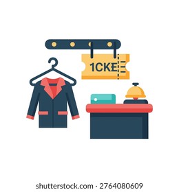 Coat check counter with a bell, a suit on a hanger, and a ticket. Illustrates a service for temporary storage of outerwear at events or venues.