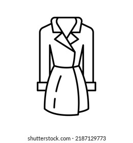 Coat Clothes Vector Icon Outline Black. EPS 10.... Womens Trench Illustration... Flat Outline Sign.. Shop Online Concept. Females Item Of Clothing.... Apparel Store Symbol. Isolated On White