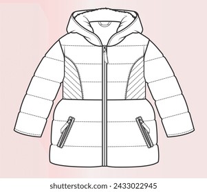 Diseño de abrigo para niñas, Snow Coat Vector Flat Sketch, dibujo técnico, moda de ropa. Ilustración vectorial de diseño de abrigo blanco y negro para la moda de invierno. Ropa impermeable de exterior.