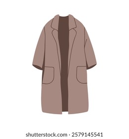 Coat, fall and spring outerwear. Casual style clothing, warm long cardigan with patch pockets and lapels. Women apparel, stylish wearing. Flat vector illustration isolated on white background