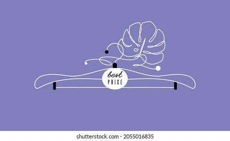 Coat hanger with a monstera leaf. Line style hanger icon. Sign, symbol, label for clothing store, fashion industry, dry cleaned, atelier. Graphic illustration, simple vector drawing.