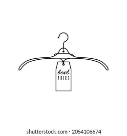 Coat hanger with a price tag. Line style hanger icon. Sign, symbol, label for clothing store, fashion industry. Outline graphic illustration. Simple vector drawing.