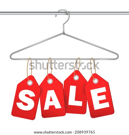 coat hanger and sale tag on white background