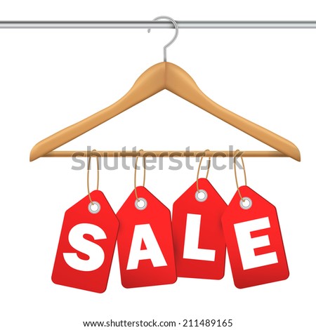 coat hanger and sale tag on white background