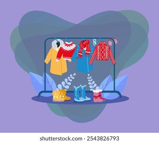 Coat hanger stand with warm clothes vector illustration. Knitted sweaters, scarf, furcoats, boots and accessories for cold winter weather. Winterwear, fashion, Christmas concept