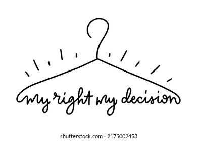 Coat hanger symbol. Slogan of My right my decision. Protest poster against ban abortion in the USA. Illurtation is isolated on a white background. Pro Women Rights 1973.