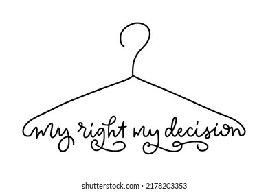 Coat hanger symbol. Slogan of My right my decision. Protest poster against ban abortion in the USA. Illurtation is isolated on a white background. Pro Women Rights 1973.