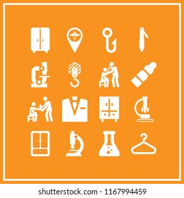 coat icon. 16 coat vector set. microscope, hook, pharmacy pin and black tie icons for web and design about coat theme