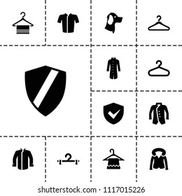 Coat icon. collection of 13 coat filled icons such as hanger, jacket, overcoat, shield. editable coat icons for web and mobile.