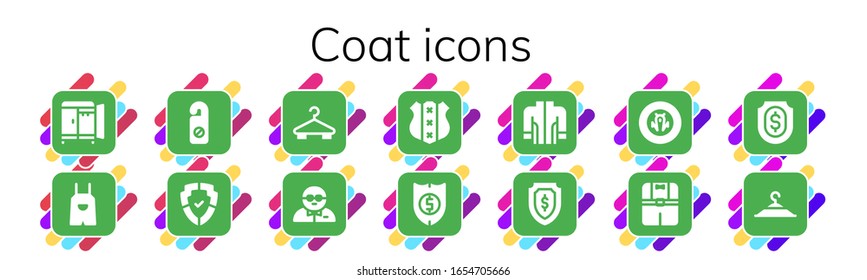 coat icon set. 14 filled coat icons.  Simple modern icons such as: Wardrobe, Overall, Hanger, Shield, Bodyguard, Jacket, Clothes, Clothing hanger