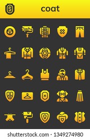 coat icon set. 26 filled coat icons.  Simple modern icons about  - Shield, Paint roller, Jacket, Trousers, Hanger, Coat, Tunic, Clothing hanger, Clothes, Bodyguard, Mad scientist