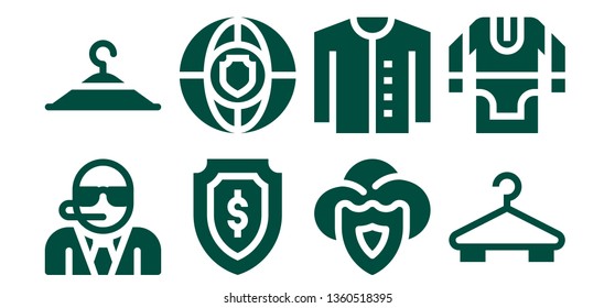 coat icon set. 8 filled coat icons.  Collection Of - Bodyguard, Clothing hanger, Shield, Cardigan, Hanger, Tunic