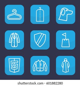 coat icon. Set of 9 outline coat icons such as hanger, clothes on hanger, overcoat, jacket, castle tower, shield