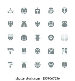 coat icon set. Collection of 25 filled coat icons included Shield, Trousers, Paint roller, Wardrobe, Coat, Clothes, Cloth, Jacket, Skirt, Bodyguard, Hanger