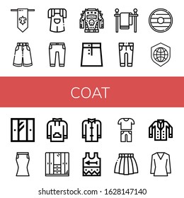 coat icon set. Collection of Fleur de lis, Trousers, Jumper, Jacket, Skirt, Clothes line, Shield, Wardrobe, Sweatshirt, Coat, Singlet, Casual, Blouse icons