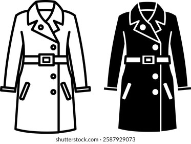 Coat Icons. Black And White Vector Drawings. Outerwear Dress For Cool Weather. Stylish Coat With Belt. Fashion And Clothing Concept