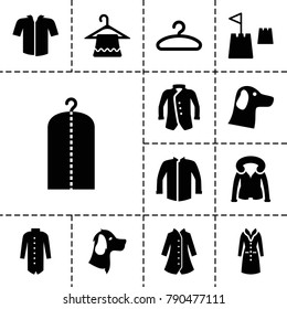Coat icons. set of 13 editable filled coat icons such as hanger, clothes on hanger, jacket, overcoat, wolf