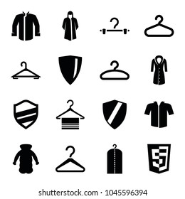 Coat icons. set of 16 editable filled coat icons such as hanger, clothes on hanger, overcoat, shield