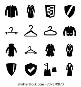 Coat icons. set of 16 editable filled coat icons such as hanger, jacket, overcoat, shield