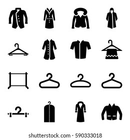 coat icons set. Set of 16 coat filled icons such as hanger, clothes on hanger, overcoat