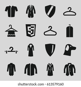 Coat icons set. set of 16 coat filled icons such as hanger, clothes on hanger, jacket, overcoat, shield