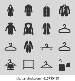 Coat icons set. set of 16 coat filled icons such as hanger, clothes on hanger, overcoat, jacket