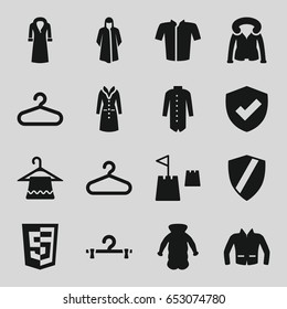 Coat icons set. set of 16 coat filled icons such as hanger, overcoat, jacket, castle tower