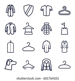 coat icons set. Set of 16 coat outline icons such as hanger, clothes on hanger, jacket, overcoat, castle tower, shield