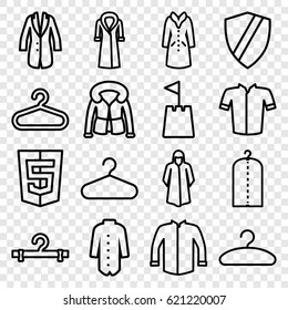 Coat icons set. set of 16 coat outline icons such as hanger, clothes on hanger, overcoat, jacket, castle tower
