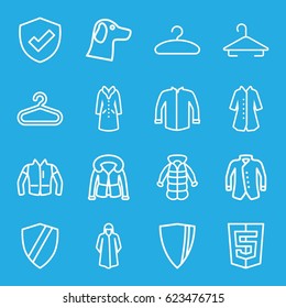 Coat icons set. set of 16 coat outline icons such as hanger, overcoat, jacket, shield