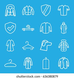 Coat icons set. set of 16 coat outline icons such as hanger, clothes on hanger, overcoat, jacket, shield