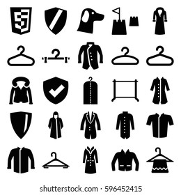 coat icons set. Set of 25 coat filled icons such as hanger, clothes on hanger, overcoat, jacket, castle tower, shield