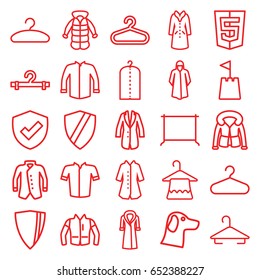 Coat icons set. set of 25 coat outline icons such as hanger, clothes on hanger, overcoat, jacket, castle tower, shield