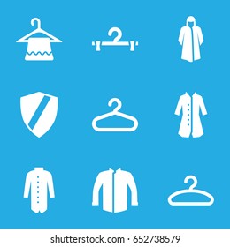 Coat icons set. set of 9 coat filled icons such as hanger, overcoat, jacket