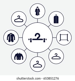 Coat icons set. set of 9 coat filled icons such as hanger, clothes on hanger, overcoat