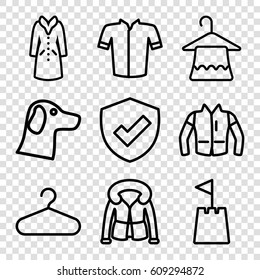 Coat icons set. set of 9 coat outline icons such as hanger, jacket, overcoat, castle tower, wolf