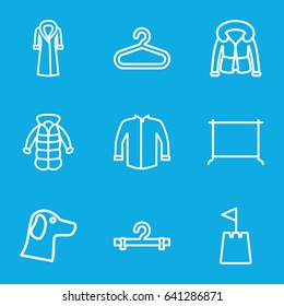 Coat icons set. set of 9 coat outline icons such as hanger, jacket, overcoat, castle tower