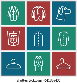 Coat icons set. set of 9 coat outline icons such as hanger, clothes on hanger, jacket, overcoat, wolf