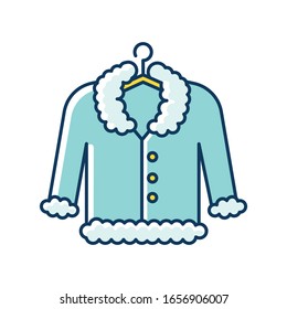 Coat on hanger blue and yellow RGB color icon. Outerwear professional washing, laundry service. Overdress, fur delicate dry cleaning, stain removing equipment. Isolated vector illustration