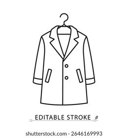 A coat on hanger icon in minimalist style with editable stroke. Outerwear clothing, warm fashion, formal wardrobe, seasonal garment, winter jacket, line drawing, outline apparel, vector illustration.
